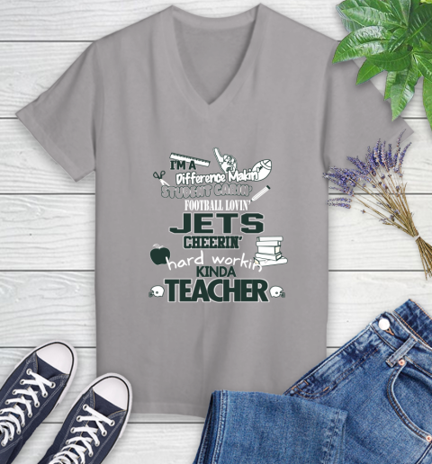 New York Jets NFL I'm A Difference Making Student Caring Football Loving Kinda Teacher Women's V-Neck T-Shirt 4