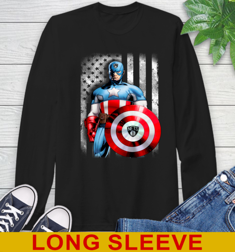 Brooklyn Nets NBA Basketball Captain America Marvel Avengers American Flag Shirt Long Sleeve T-Shirt