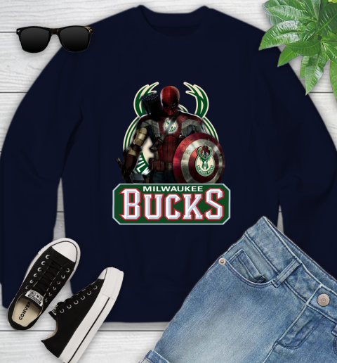 Milwaukee Bucks NBA Basketball Captain America Thor Spider Man Hawkeye Avengers Youth Sweatshirt 3