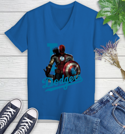 MLB Captain America Thor Spider Man Hawkeye Avengers Endgame Baseball Los Angeles Dodgers Women's V-Neck T-Shirt 10