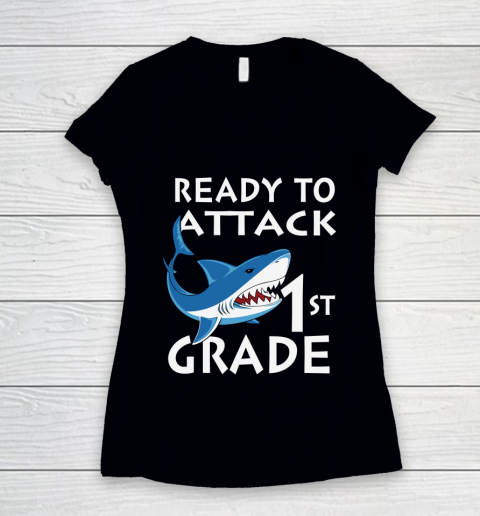 Back To School Shirt Ready to attack 1st grade 1 Women's V-Neck T-Shirt