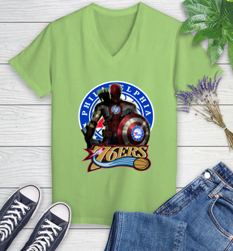 Philadelphia 76ers NBA Basketball Captain America Thor Spider Man Hawkeye Avengers (1) Women's V-Neck T-Shirt 11