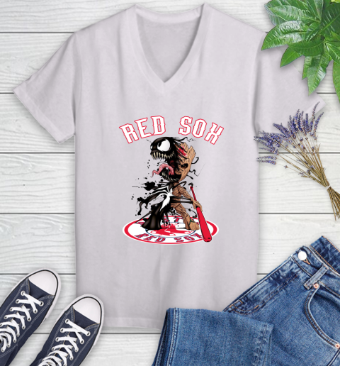 MLB Boston Red Sox Baseball Venom Groot Guardians Of The Galaxy Women's V-Neck T-Shirt