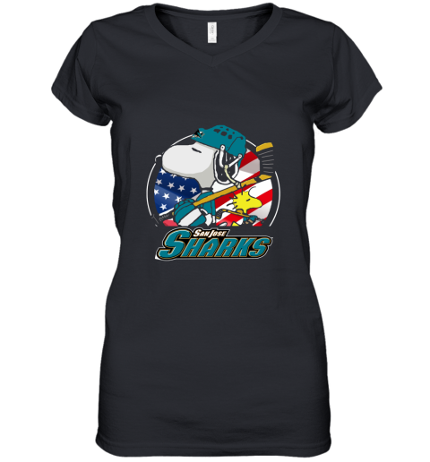 Sanjose Sharks Ice Hockey Snoopy And Woodstock NHL Women's V-Neck T-Shirt