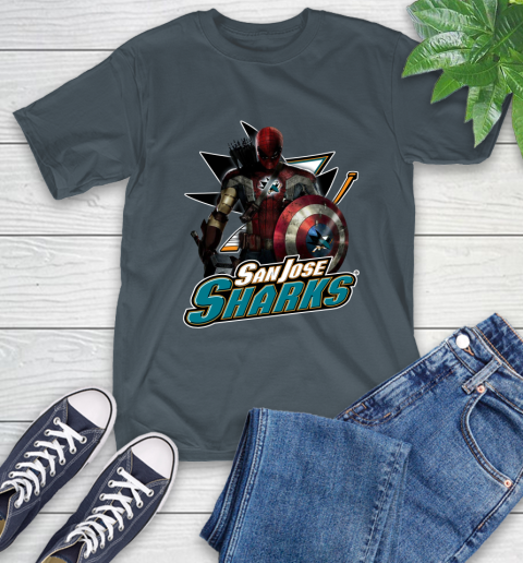 NHL Captain America Thor Spider Man Hawkeye Avengers Endgame Hockey San Jose Sharks T-Shirt 9