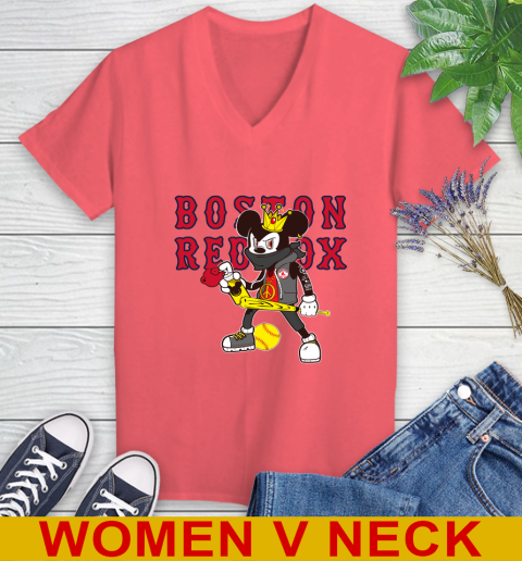 Boston Red Sox MLB Baseball Mickey Peace Sign Sports Women's V-Neck T-Shirt 7