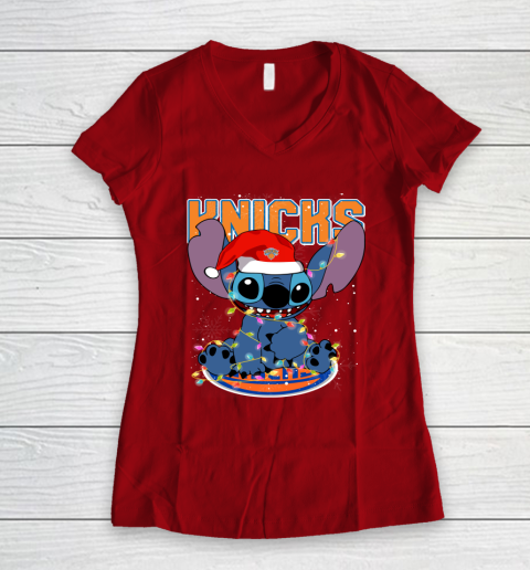 New York Knicks NBA noel stitch Basketball Christmas Women's V-Neck T-Shirt 6
