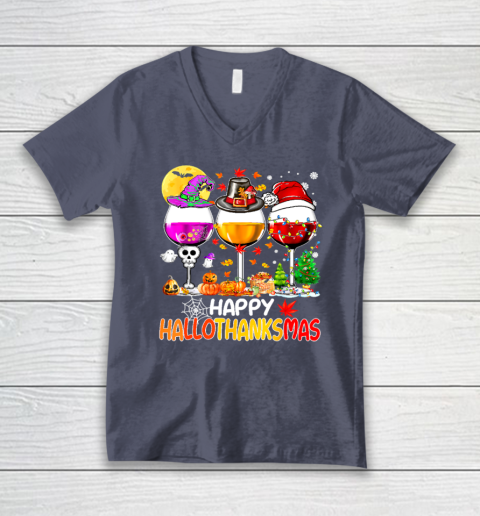 Halloween Thanksgiving Christmas Happy Hallothanksmas Wine V-Neck T-Shirt 6