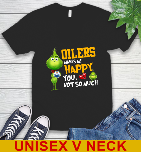 NHL Edmonton Oilers Makes Me Happy You Not So Much Grinch Hockey Sports V-Neck T-Shirt