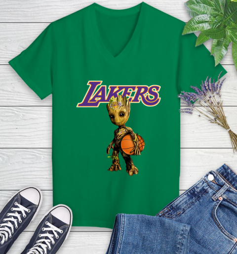 Los Angeles Lakers NBA Basketball Groot Marvel Guardians Of The Galaxy Women's V-Neck T-Shirt 5