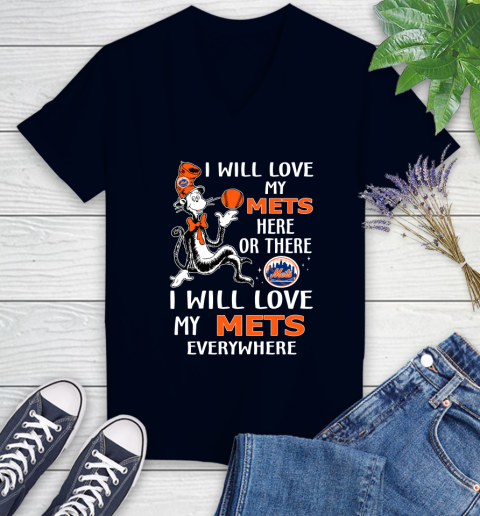 MLB Baseball New York Mets I Will Love My Mets Everywhere Dr Seuss Shirt Women's V-Neck T-Shirt 2