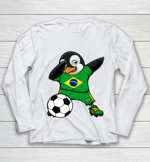 Dabbing Penguin Brazil Soccer Fans Jersey Football Lovers Youth Long Sleeve