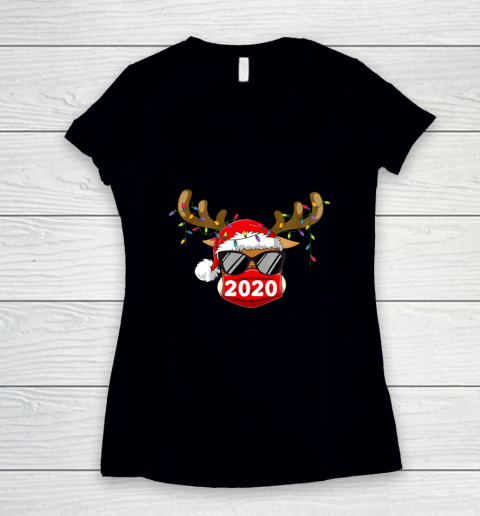 Reindeer With Face Mask Christmas 2020 Family Pajamas Xmas Women's V-Neck T-Shirt