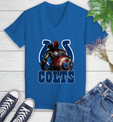 NFL Captain America Thor Spider Man Hawkeye Avengers Endgame Football Indianapolis Colts Women's V-Neck T-Shirt 10