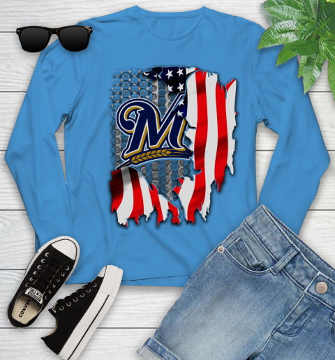 Milwaukee Brewers MLB Baseball American Flag Youth Long Sleeve 8
