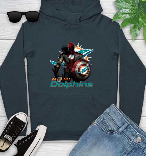 NFL Captain America Thor Spider Man Hawkeye Avengers Endgame Football Miami Dolphins Youth Hoodie 8