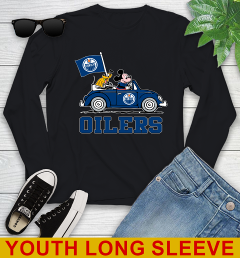 NHL Hockey Edmonton Oilers Pluto Mickey Driving Disney Shirt Youth Long Sleeve 2