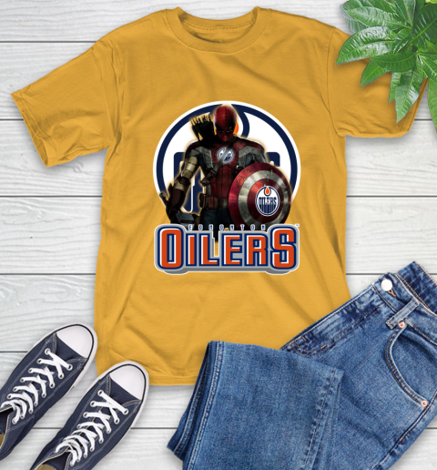 NHL Captain America Thor Spider Man Hawkeye Avengers Endgame Hockey Edmonton Oilers T-Shirt 3