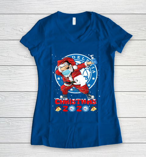 Philadelphia 76ers Funny Santa Claus Dabbing Christmas 2020 NBA Women's V-Neck T-Shirt 7