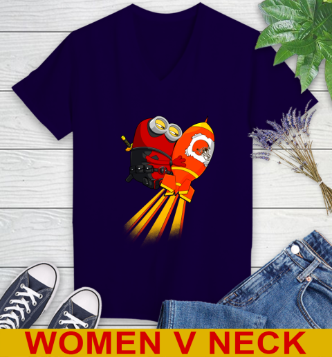 NFL Football Cleveland Browns Deadpool Minion Marvel Shirt Women's V-Neck T-Shirt 3