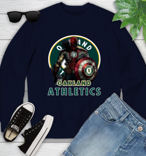 MLB Captain America Thor Spider Man Hawkeye Avengers Endgame Baseball Oakland Athletics Youth Sweatshirt 3