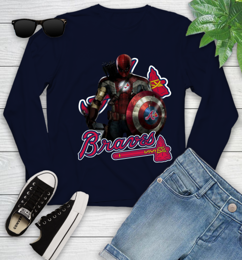 MLB Captain America Thor Spider Man Hawkeye Avengers Endgame Baseball Atlanta Braves Youth Long Sleeve 3