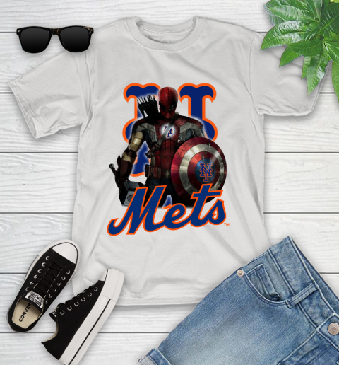 MLB Captain America Thor Spider Man Hawkeye Avengers Endgame Baseball New York Mets Youth T-Shirt