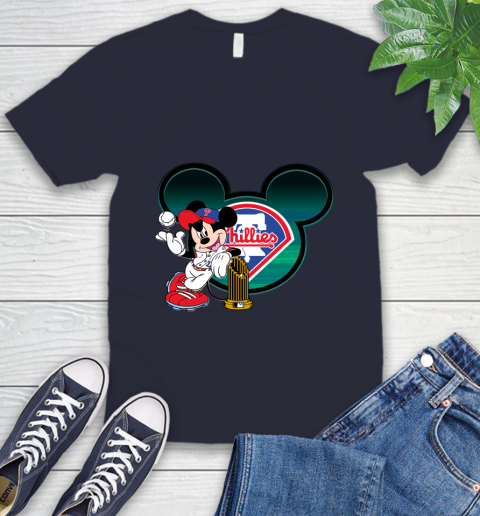 MLB Philadelphia Phillies The Commissioner's Trophy Mickey Mouse Disney V-Neck T-Shirt 3
