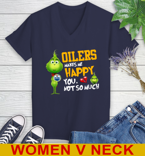 NHL Edmonton Oilers Makes Me Happy You Not So Much Grinch Hockey Sports Women's V-Neck T-Shirt 12