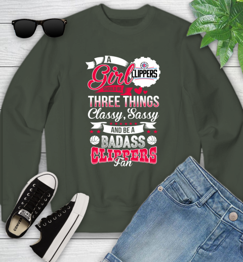 LA Clippers NBA A Girl Should Be Three Things Classy Sassy And A Be Badass Fan Youth Sweatshirt 9
