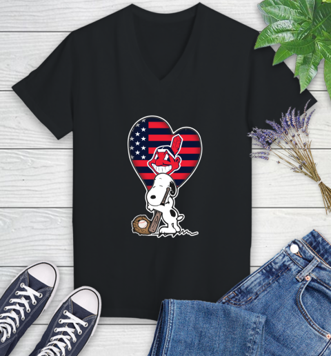 Cleveland Indians MLB Baseball The Peanuts Movie Adorable Snoopy Women's V-Neck T-Shirt 2