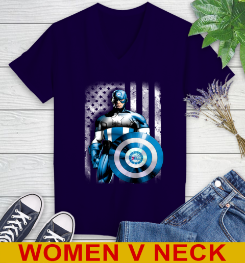 Philadelphia 76ers NBA Basketball Captain America Marvel Avengers American Flag Shirt Women's V-Neck T-Shirt 3