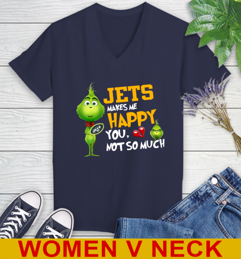 NFL New York Jets Makes Me Happy You Not So Much Grinch Football Sports Women's V-Neck T-Shirt 12