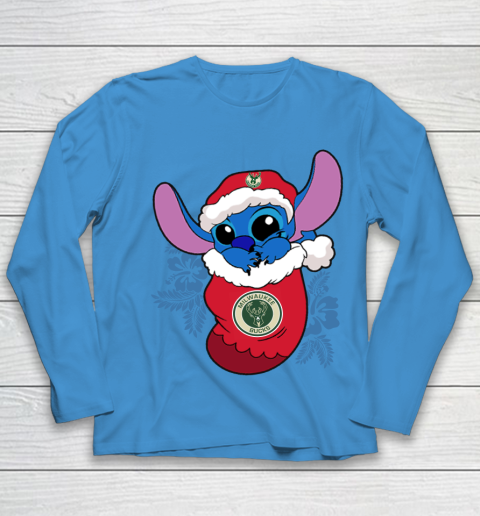 Milwaukee Bucks Christmas Stitch In The Sock Funny Disney NBA Youth Long Sleeve 7