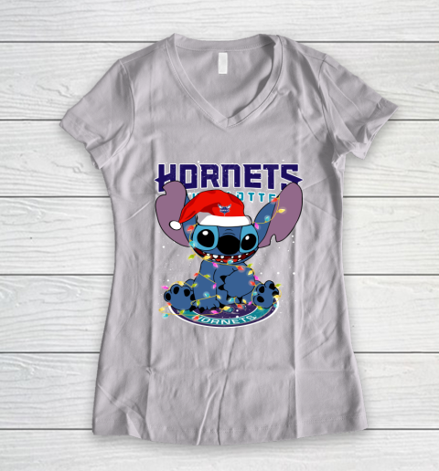 Charlotte Hornets NBA noel stitch Basketball Christmas Women's V-Neck T-Shirt