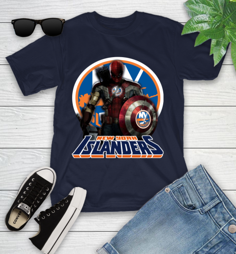 NHL Captain America Thor Spider Man Hawkeye Avengers Endgame Hockey New York Islanders Youth T-Shirt 3