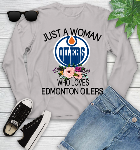 NHL Just A Woman Who Loves Edmonton Oilers Hockey Sports Youth Long Sleeve 9