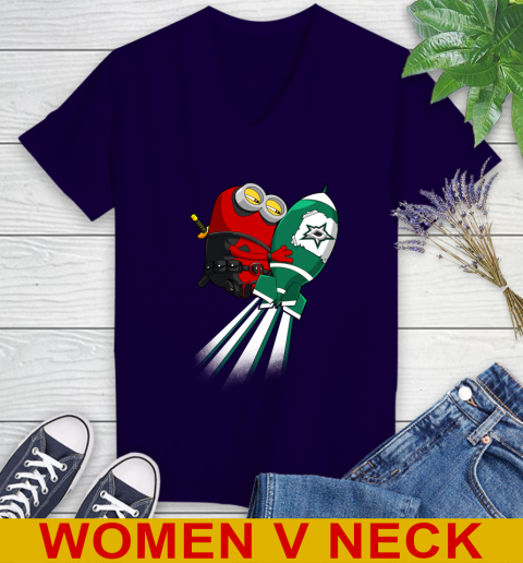 NHL Hockey Dallas Stars Deadpool Minion Marvel Shirt Women's V-Neck T-Shirt 3