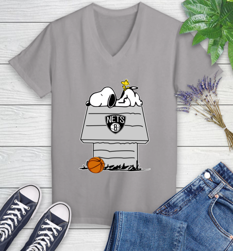 Brooklyn Nets NBA Basketball Snoopy Woodstock The Peanuts Movie Women's V-Neck T-Shirt 4