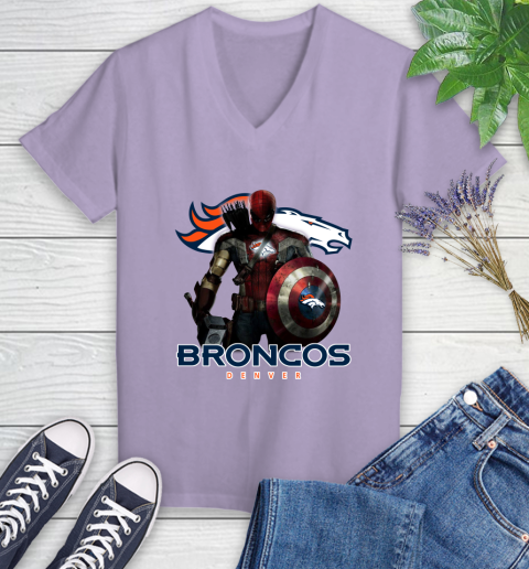NFL Captain America Thor Spider Man Hawkeye Avengers Endgame Football Denver Broncos Women's V-Neck T-Shirt 14