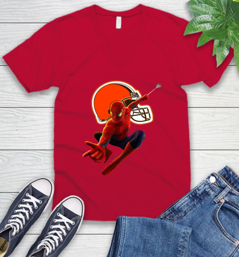 NFL Spider Man Avengers Endgame Football Cleveland Browns V-Neck T-Shirt 7