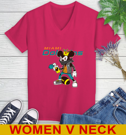 Miami Dolphins NFL Football Mickey Peace Sign Sports Women's V-Neck T-Shirt 10