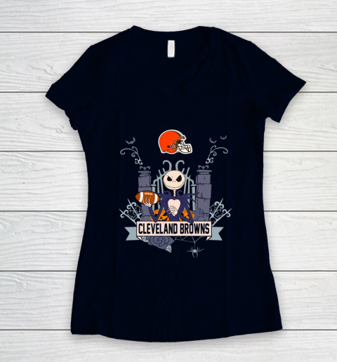 NFL Cleveland Browns Football Jack Skellington Halloween Women's V-Neck T-Shirt 2