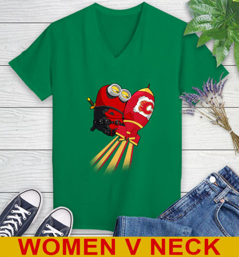 NHL Hockey Calgary Flames Deadpool Minion Marvel Shirt Women's V-Neck T-Shirt 5