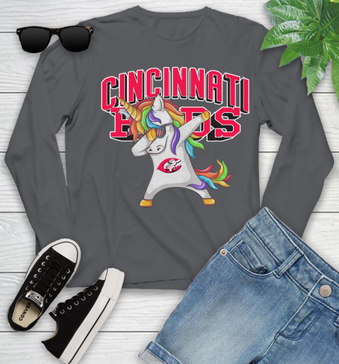 Cincinnati Reds MLB Baseball Funny Unicorn Dabbing Sports Youth Long Sleeve 8