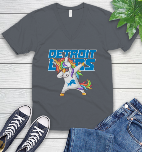 Detroit Lions NFL Football Funny Unicorn Dabbing Sports V-Neck T-Shirt 5