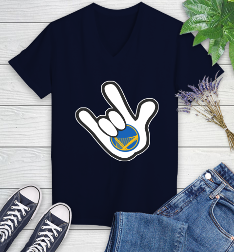 Golden State Warriors NBA Basketball Mickey Rock Hand Disney Women's V-Neck T-Shirt 3