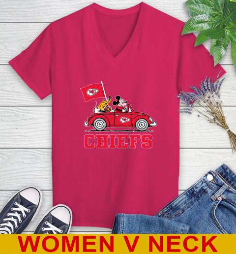 NFL Football Kansas City Chiefs Pluto Mickey Driving Disney Shirt Women's V-Neck T-Shirt 10