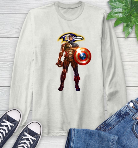 NFL Captain America Marvel Avengers Endgame Football Sports Baltimore Ravens Long Sleeve T-Shirt 12
