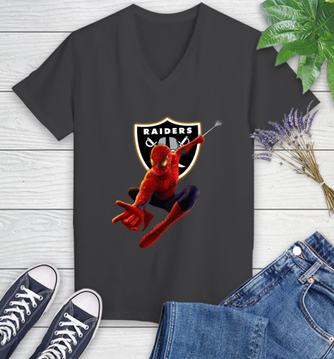 NFL Spider Man Avengers Endgame Football Oakland Raiders Women's V-Neck T-Shirt 8
